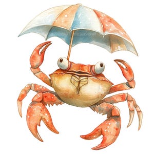 May include: Watercolor illustration of a cartoon crab holding a striped orange and blue umbrella. The crab is orange with large eyes and claws. The umbrella is open, providing shade. The image has a whimsical, playful feel.