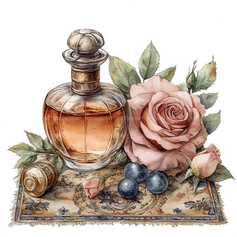 May include: A vintage glass perfume bottle with a gold stopper and a pink rose with green leaves. The bottle is sitting on a patterned rug with a few grapes.