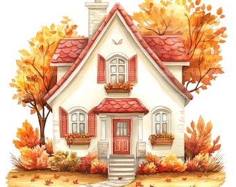 18 Autumn House Clipart, Cozy Cottage Landscape, Printable Watercolor Clipart, Junk Journals, High Quality JPGs, Digital Download Wall Art