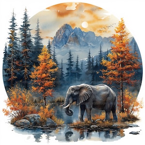 10 cliparts éléphant, éléphant, montagne, forêt, clipart aquarelle imprimable, créations en papier, fichiers JPG de haute qualité, téléchargement numérique