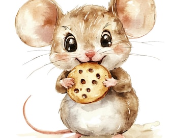 20 Mouse and Cookie Clipart, Boho Mouse Clipart, Printable Watercolor Clipart, Paper Craft, High Quality JPGs, Digital Download