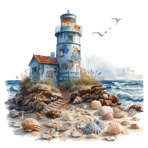 17 imágenes prediseñadas de faro, faro con conchas, imágenes prediseñadas de acuarela imprimibles, manualidades de papel, revistas basura, archivos JPG de alta calidad, descarga digital