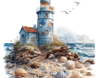 17 Lighthouse Clipart, Lighthouse with Shells, Printable Watercolor Clipart, Paper Craft, Junk Journals, High Quality JPGs, Digital Download