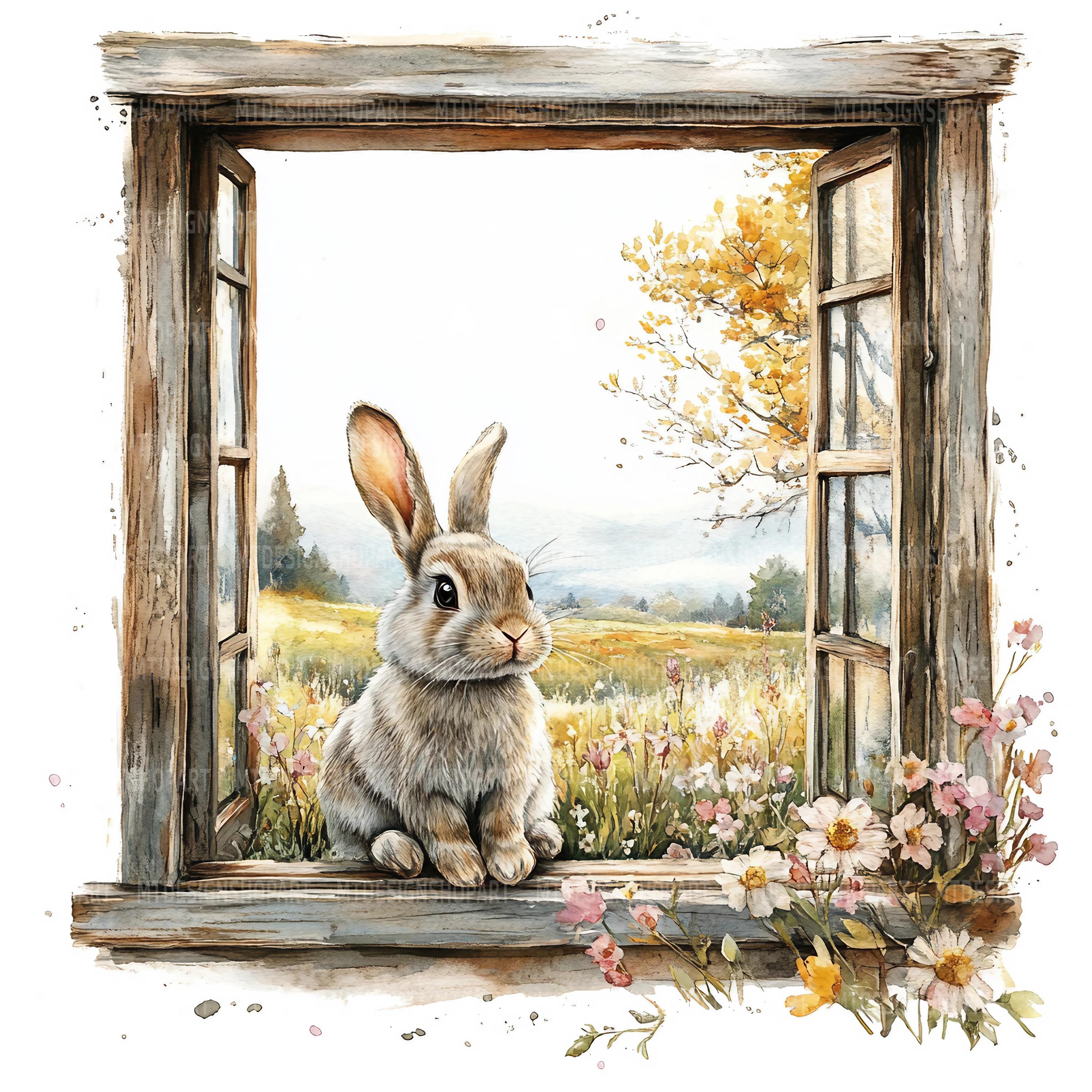 18 Bunny Window Clipart, Floral Rabbit, Printable Watercolor Clipart ...