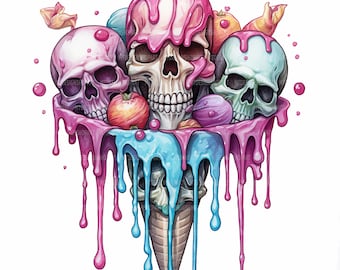 12 Ice Cream Skulls Clipart, Skulls Clipart, Ice Cream, Printable Watercolor Clipart, Paper craft, High Quality JPGs, Digital Download