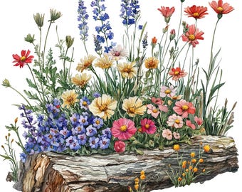 16 Wildflowers On Log Clipart, Wild Flowers Clipart, Printable Watercolor Clipart, Paper Craft, High Quality JPGs, Digital Download