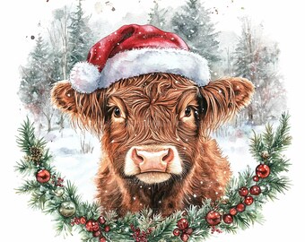 19 Christmas Cow Clipart, Highland Cow, Farm Clipart, , High Quality JPGs, Digital Download Wall Art, Printable Watercolor Clipart