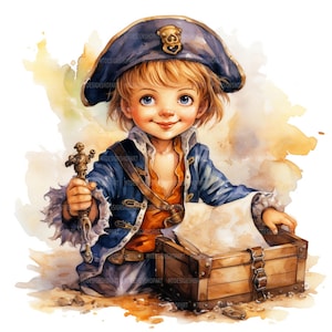 24 cliparts pirate, pirate avec carte au trésor, clipart aquarelle imprimable, créations en papier, journaux indésirables, fichiers JPG de haute qualité, téléchargement numérique
