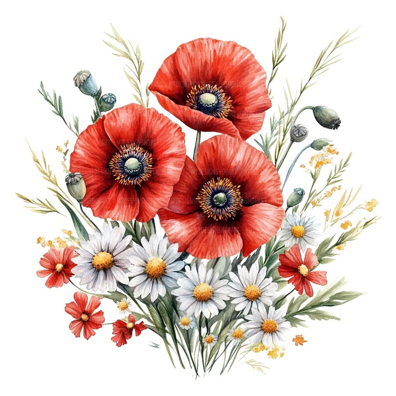 19 Red Poppies and Daisies Clipart, Red Poppy Flowers, Printable ...