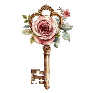 22 imágenes prediseñadas de llaves adornadas con flores, imágenes prediseñadas de llaves, imágenes prediseñadas de acuarela imprimibles, manualidades de papel, revistas basura, archivos JPG de alta calidad, descarga digital