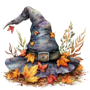 20 Autumn Witch Hat Clipart, Witch Hat Clipart, Printable Watercolor Clipart, Paper Craft, Junk Journals, High Quality JPG, Digital Download