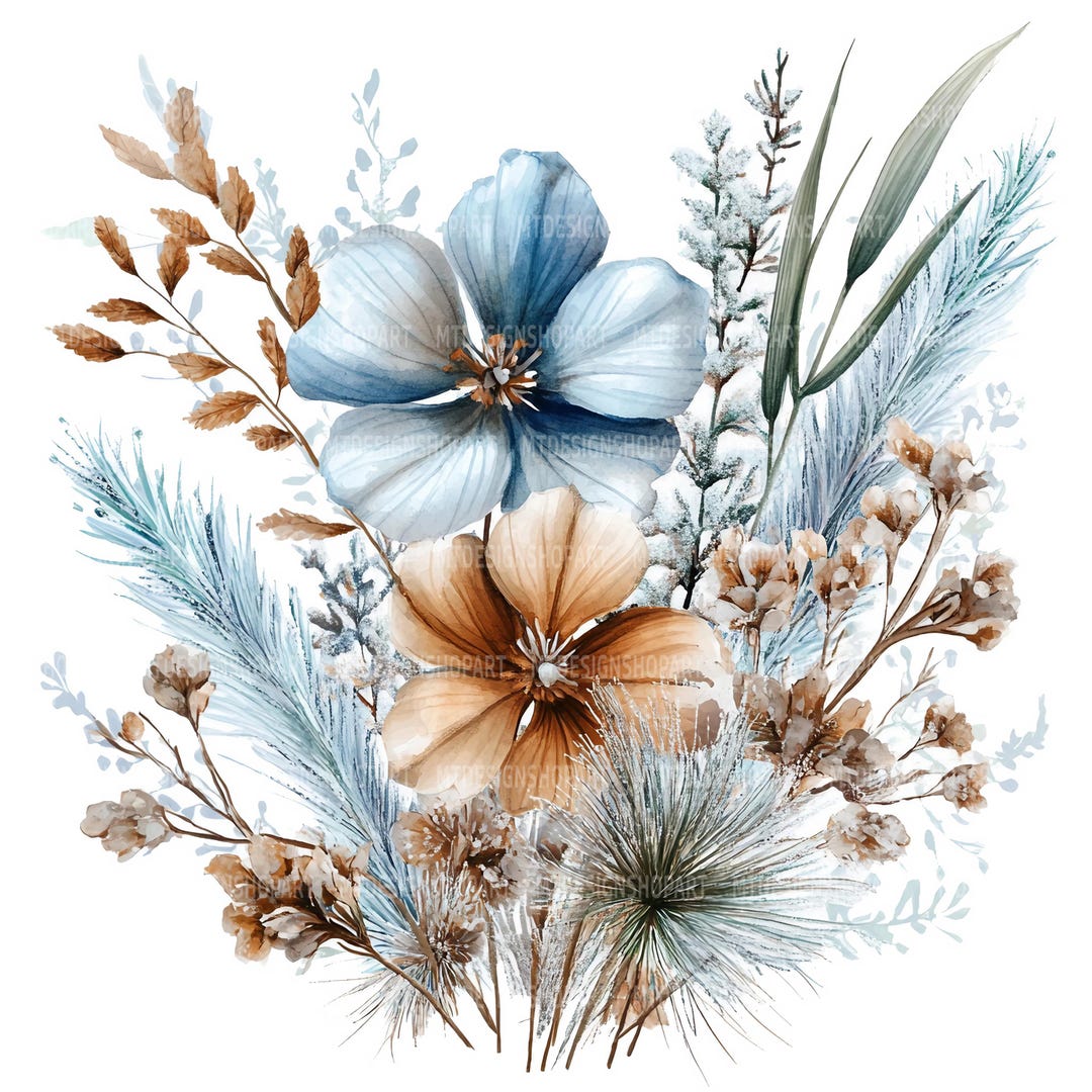 冬の花の水彩画クリップアート：抽象的な花のデザイン（デジタル