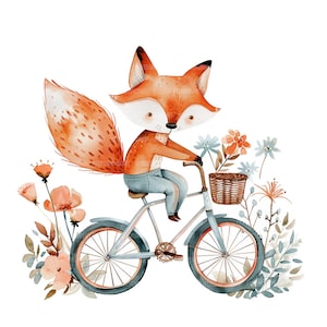 21 Fox Riding a Bicycle Clipart, bicicleta com flores, clipart de aquarela para impressão, artesanato em papel, JPGs de alta qualidade, download digital