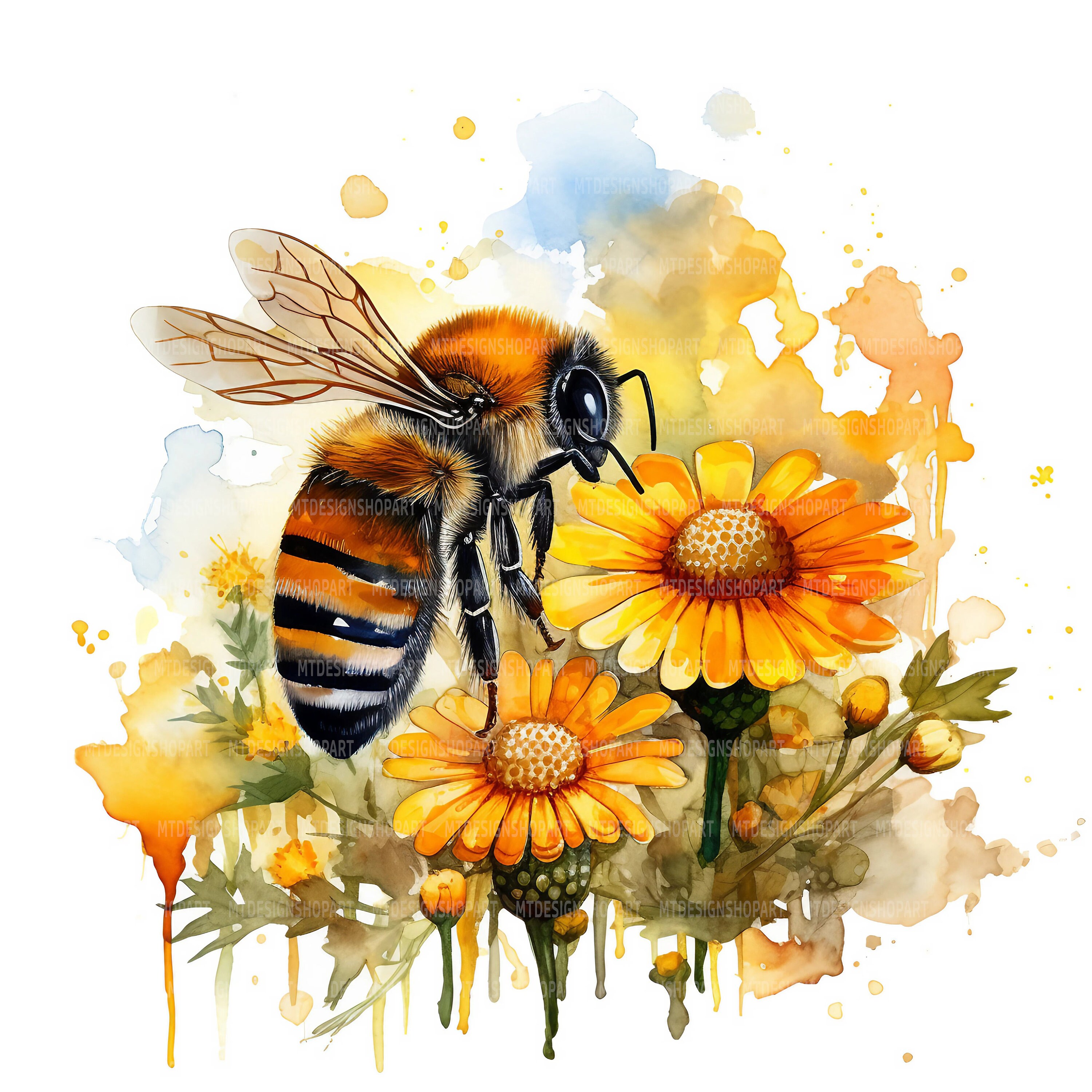 ミツバチのクリップアート24点、花の中のミツバチ、印刷可能な水彩画