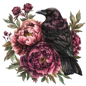 May include: A black raven perched on a bouquet of deep pink peonies with green leaves. The raven has red eyes and a dark beak.