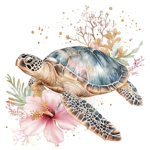 Pu&ograve; includere: Un'illustrazione ad acquerello di una tartaruga marina con un guscio blu e marrone, circondata da fiori rosa e glitter dorati. La tartaruga sta nuotando nell'acqua con la testa e le pinne visibili.