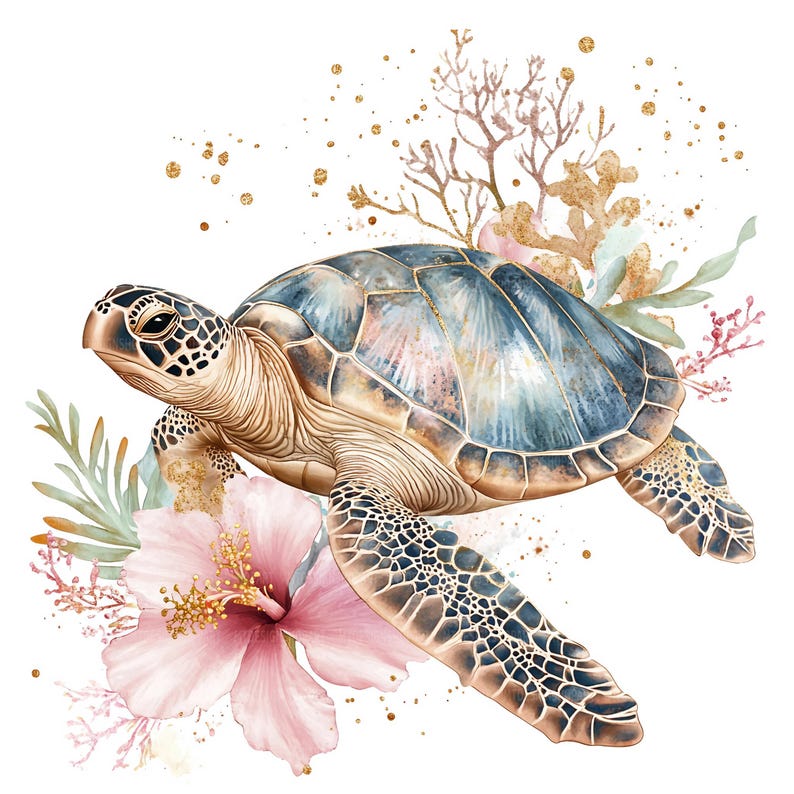 Pu&ograve; includere: Un'illustrazione ad acquerello di una tartaruga marina con un guscio blu e marrone, circondata da fiori rosa e glitter dorati. La tartaruga sta nuotando nell'acqua con la testa e le pinne visibili.