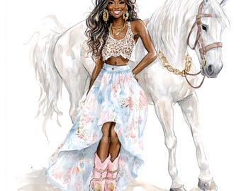 Black Woman and Horse Watercolor Clipart: Floral Art, Junk Journals (JPG Digital Download)