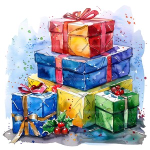 15 Colorful Gift Boxes Clipart, Rainbow Box, Gift Wrapped, Printable Watercolor Clipart, Paper Craft, High Quality JPGs, Digital Download