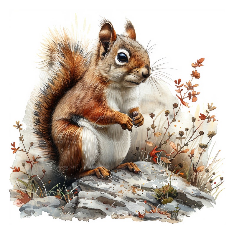 May include: A red squirrel with a bushy tail sits on a rock with a watercolour background of brown and green foliage.