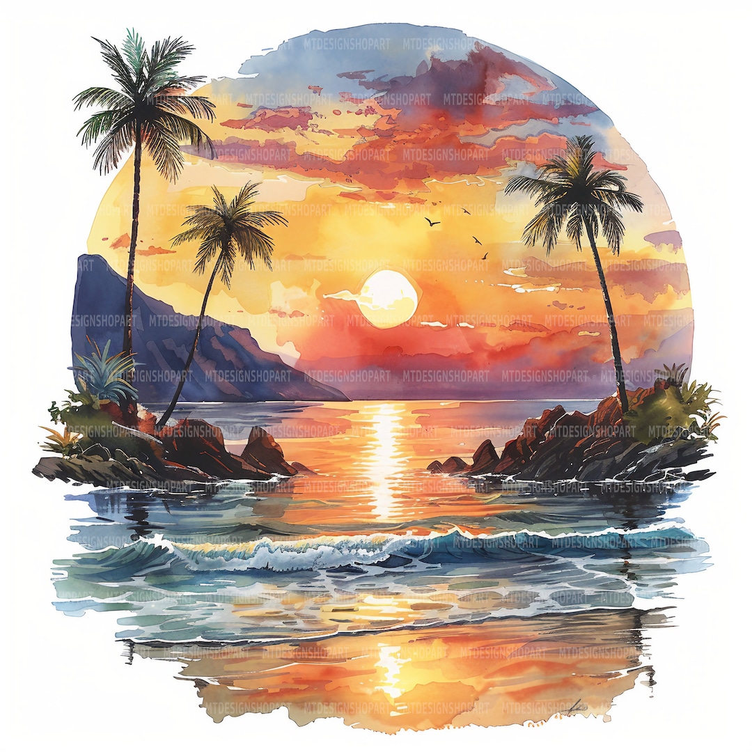 Sunset Beach　海の絵 12 Sunset Beach Clipart, Sunset Clipart, Summer Beach Art