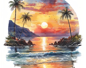 12 Sunset Beach Clipart, Sunset Clipart, Summer Beach art. Printable Watercolor Clipart, Paper Craft, High Quality JPGs, Digital Download