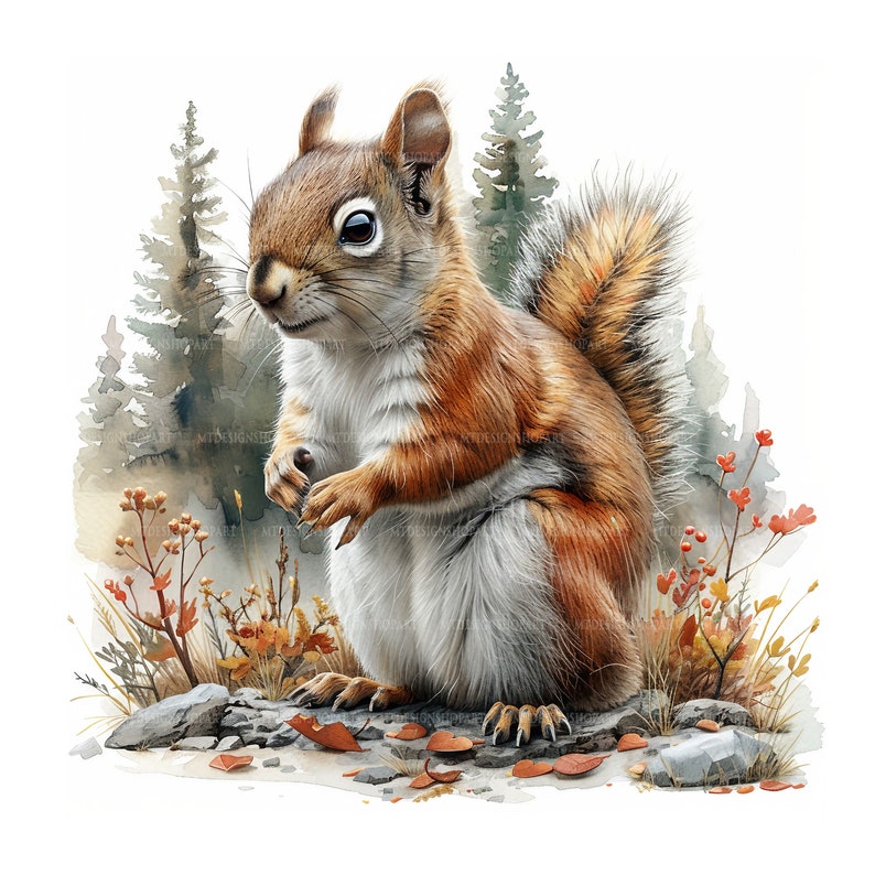 May include: A watercolour painting of a red squirrel sitting on a rock with a woodland background. The squirrel has a bushy tail and is looking to the left. The background is a watercolour wash of green and brown.