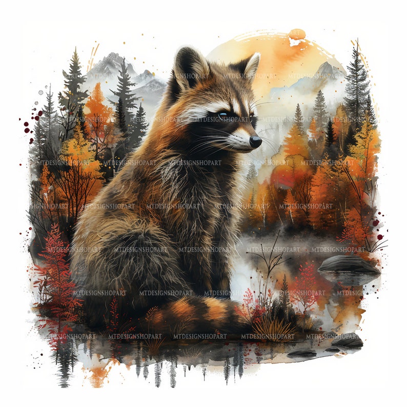 Op de afbeelding: Een aquarel schilderij van een wasbeer die in een bossetting zit. De wasbeer is bruin en grijs met een zwart masker rond zijn ogen. Het bos is gevuld met bomen met oranje, gele en rode bladeren. De achtergrond is een zachte aquarel was van oranje en geel.