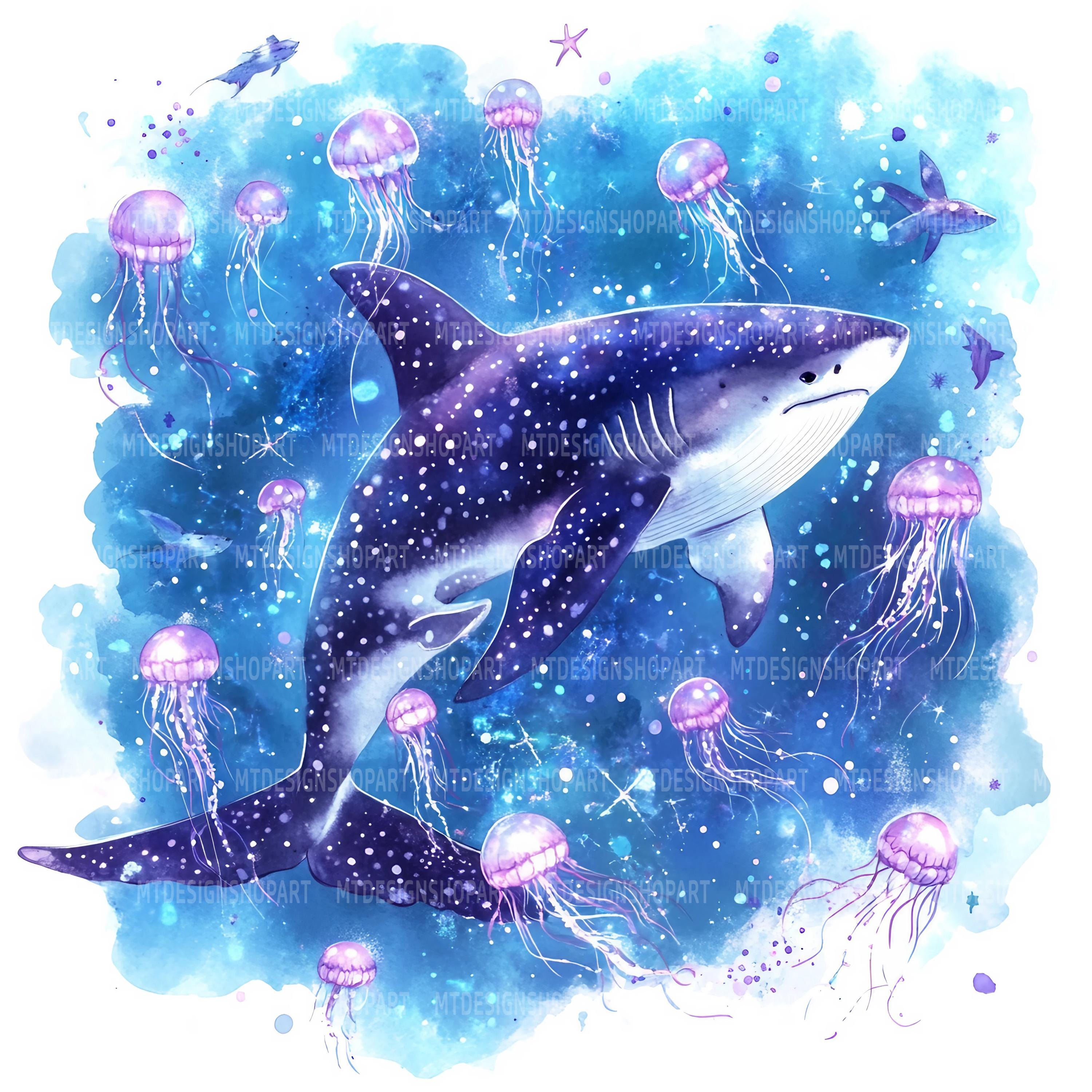 水彩画のサメとクラゲのクリップアート：Junk Journal Graphics