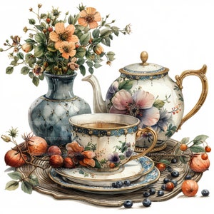 15 theeservies clipart, theepot en theekopje clipart, afdrukbare aquarel clipart, Paper Craft, ongewenste tijdschriften, hoge kwaliteit jpg's, digitale download
