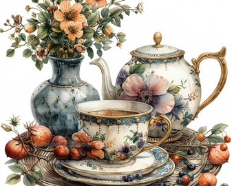 15 Tea Set Clipart, Teapot and Teacup Clipart, Printable Watercolor Clipart, Paper Craft, Junk Journals, High Quality JPGs, Digital Download