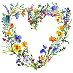 19 fleurs sauvages coeurs Clipart, couronne de coeur, clipart aquarelle imprimable, créations en papier, journaux indésirables, JPG de haute qualité, téléchargement numérique