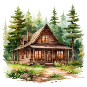 28 Cabin in Woods clipart, hut aan het meer, afdrukbare aquarel clipart, Paper Craft, ongewenste tijdschriften, hoge kwaliteit jpg's, digitale download