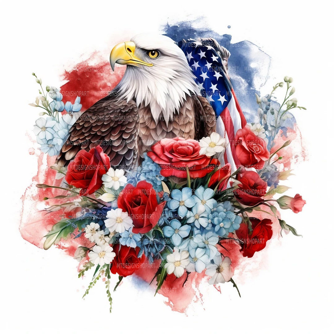 Eagle & Roses Clipart: USA Flag Watercolor Graphics (digital Download ...