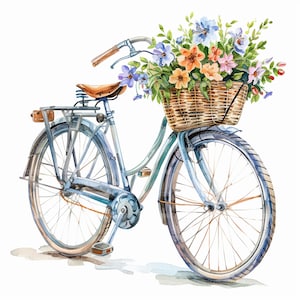 18 imágenes prediseñadas de bicicletas con flores vintage, estilo shabby chic, imágenes prediseñadas de acuarela imprimibles, archivos JPG de alta calidad, descarga digital, manualidades de papel, diario basura