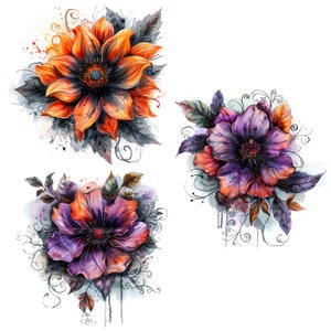 15 Halloween Flower Clipart, Flowers Clipart, Printable Watercolor, Orange Flowers, Purple Flowers, High Quality JPGs, Digital Download