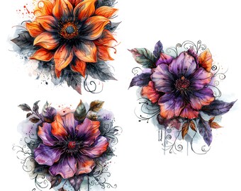 15 Halloween Flower Clipart, Flowers Clipart, Printable Watercolor, Orange Flowers, Purple Flowers, High Quality JPGs, Digital Download