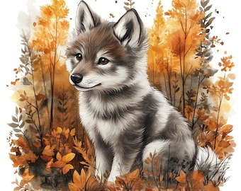 13 imágenes prediseñadas de bebé lobo en otoño, arte de bebé lobo, imágenes prediseñadas de acuarela imprimibles, manualidades de papel, revistas basura, archivos JPG de alta calidad, descarga digital