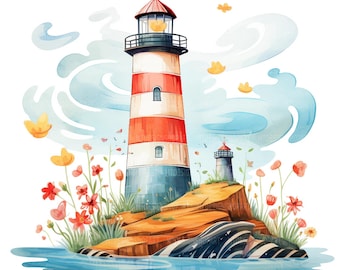 20 Lighthouse Clipart, Coastal Landscape, Printable Watercolor Clipart, Paper Craft, Junk Journals, High Quality JPGs, Digital Download