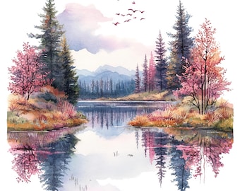 Clipart de paisaje de lago en acuarela: Vistas panorámicas para diarios basura (Descarga digital)