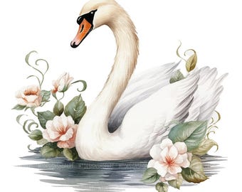 Watercolor Swan Clipart: Elegant White Swans for Junk Journals (Digital Download, JPGs 4096x4096px)