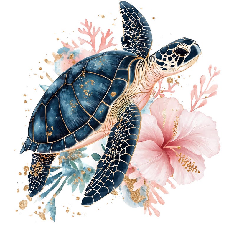Pu&ograve; includere: Un'illustrazione ad acquerello di una tartaruga marina blu e dorata che nuota tra fiori rosa e blu. La tartaruga ha un guscio dettagliato ed &egrave; circondata da delicati accenti floreali.