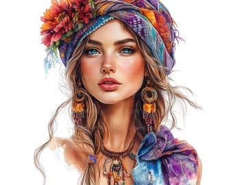 16 Bohemian Girl Clipart, Card Making Woman, Fashion clipart, Printable Watercolor Clipart, Paper Craft, High Quality JPGs, Digital Download