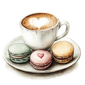 May include: A white cup of cappuccino with a heart-shaped design in the foam, a green macaron with white filling, a pink macaron with a red heart design, and a yellow macaron with brown filling on a white saucer.