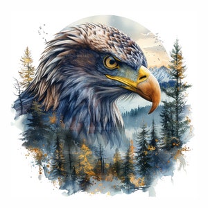 May include: A watercolor painting of a golden eagle with a blue and brown plumage, looking to the right. The eagle is surrounded by a forest of pine trees with a misty background.