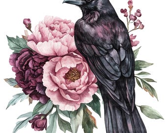 21 Floral Raven Clipart, Raven Crow Clipart, Printable Watercolor Clipart, Paper Craft, Junk Journals, High Quality JPGs, Digital Download