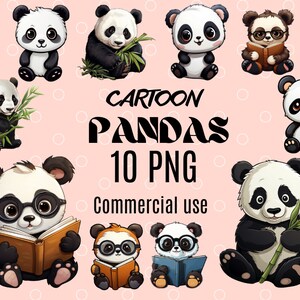 Lindo Panda Clipart Bundle, conjunto de imágenes prediseñadas de 10 PNG de alta calidad, Pandas felices, Panda de dibujos animados PNG, Descarga digital