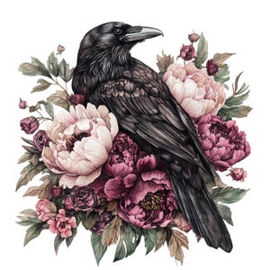 May include: A black raven perched on a bouquet of pink and burgundy peonies, roses, and other flowers. The raven's feathers are detailed and realistic, and the flowers are painted in a watercolor style.