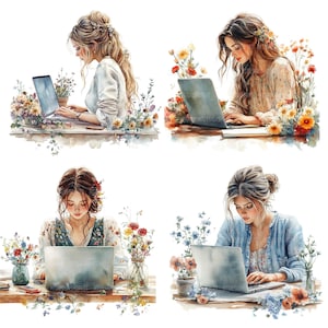 40 Clipart di donna e laptop, donna con laptop, clipart acquerello stampabile, artigianato di carta, JPG di alta qualità, download digitale