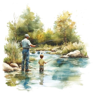 22 Papa und Kinder Angeln Clipart, Angeln Vater und Sohn, druckbare Aquarell Clipart, Papierwesen, hochwertige JPGs, digitaler Download